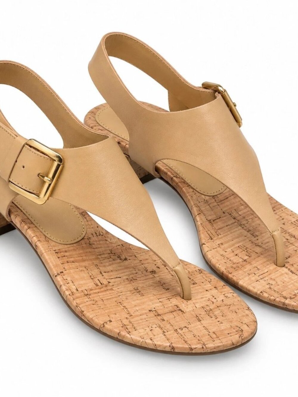 NEW Michael Kors London Thong Sandals Tan Leather Cork Block Heel 7.5M NWOB